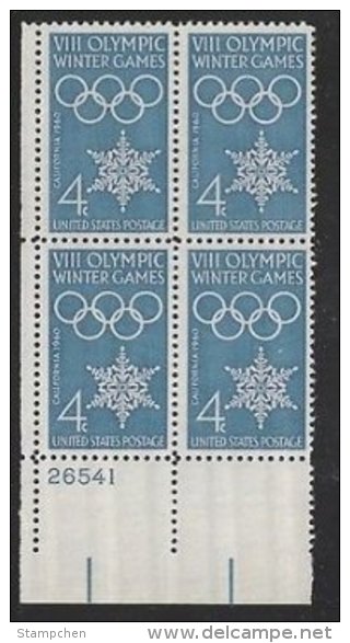 Plate Block -1960 USA VIII Olympic Winter Games Stamp Sc#1146 Snow - Hiver 1960: Squaw Valley