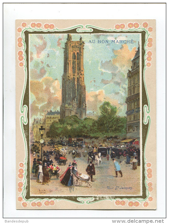 AU BON MARCHE CHROMO  PARIS TOUR ST SAINT JACQUES LUIGI LOIR NOURRICE  DOS ILLUSTRE 1903 VENTE COSTUMES 23 MARS - Au Bon Marché