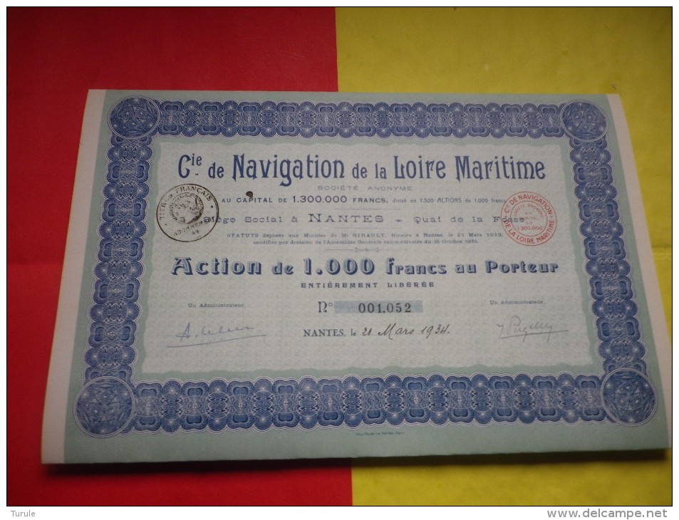 Cie DE NAVIGATION DE LA LOIRE MARITIME (capital 1,3 Million) Nantes,loire Atlantique - Other & Unclassified