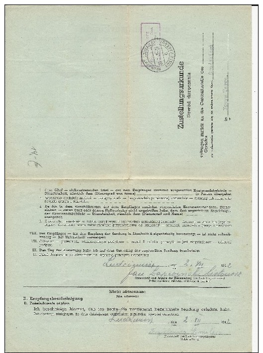 POLOGNE - 1942 - LETTRE RECEPISSE RECEPTION D´UNE LETTRE FERMEE (JUSTICE) De NEUMARKT (DIJNAJEC) - CRACOVIE - Gouvernement Général