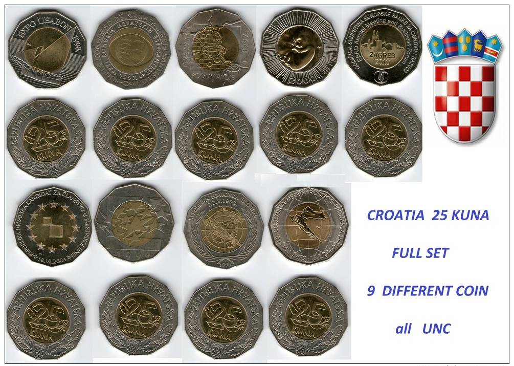 CROATIA 25 Kuna 1997 - 2010 -  FULL SET - All DIFFERENT TYPE  -   UNC - Croatia