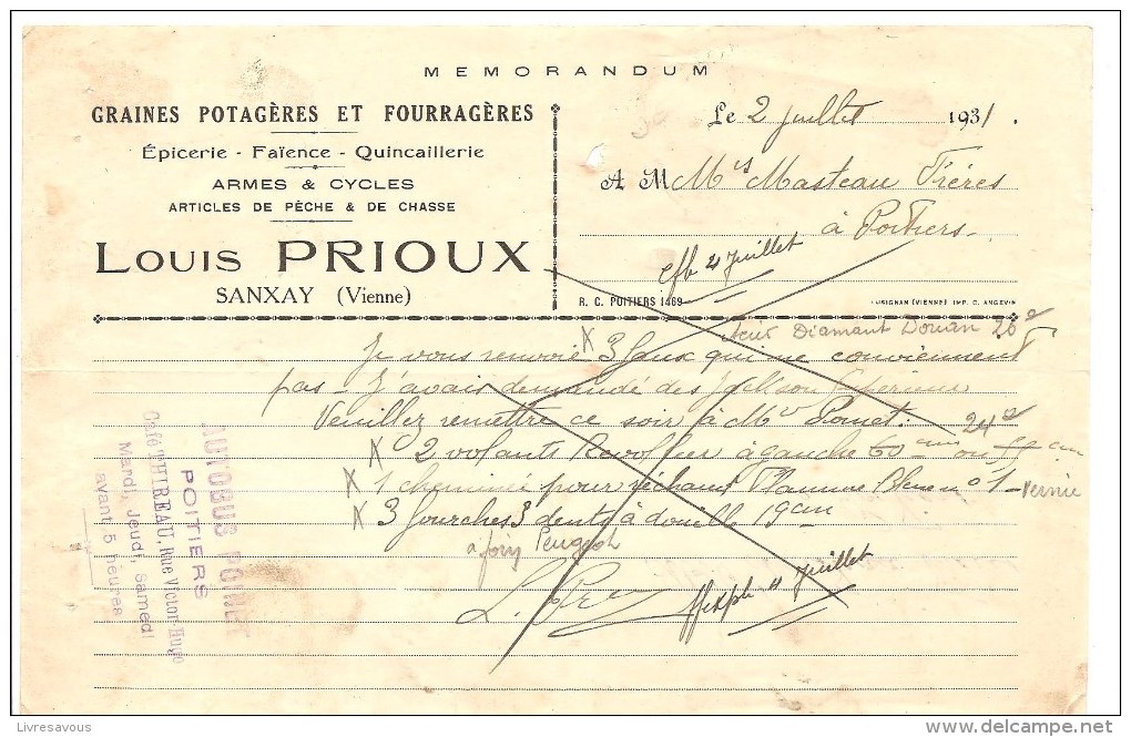 Louis PRIOUX Gaines Potagères Et Fouragères Epicerie Faïence Quicaillerie à  SANXAY (86) De 1931 - Petits Métiers