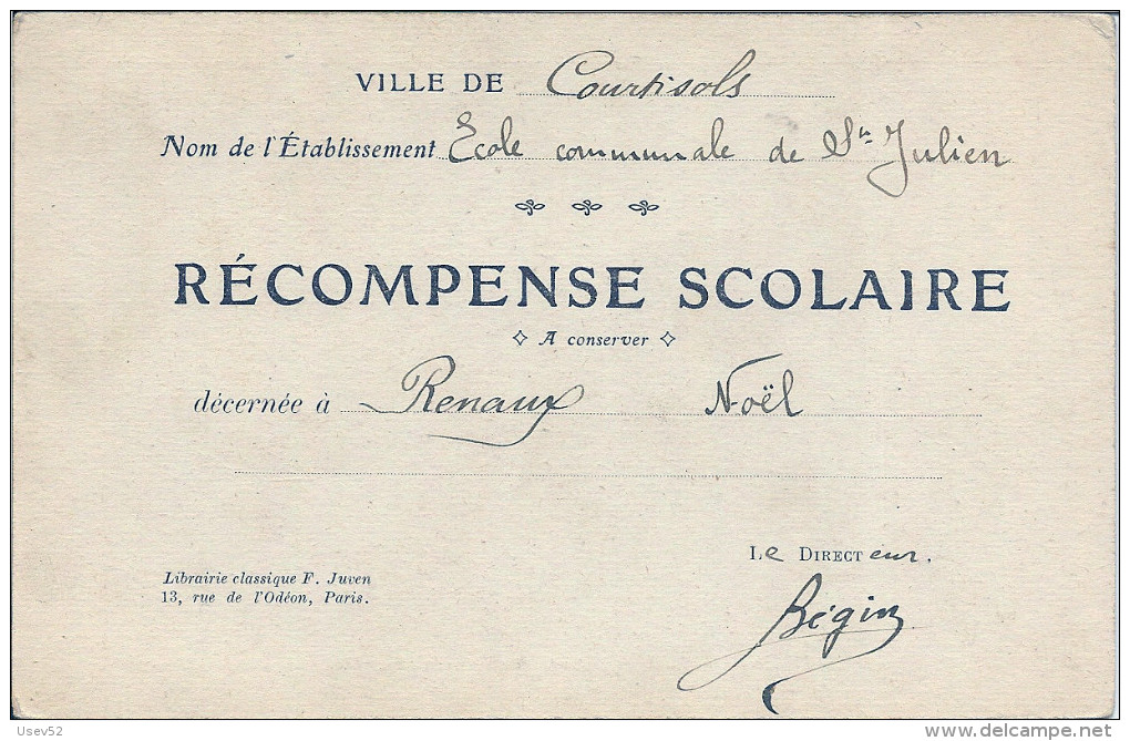 Courtisols - Récompense Scolaire Décernée à Noël Renaux - Ecole Communale De Saint-Julien - Courtisols