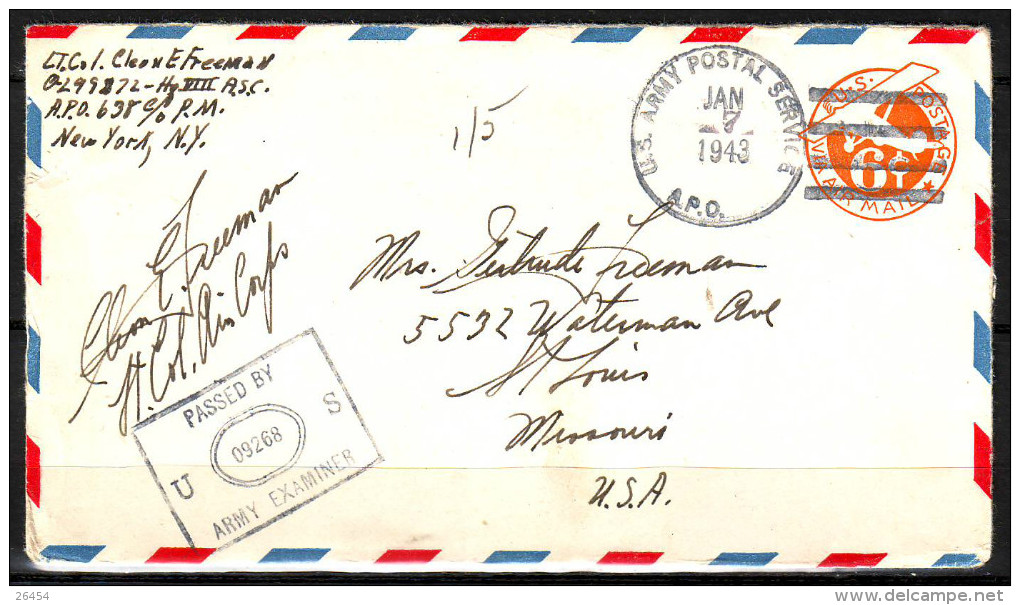 Lettre De NEW-YORK US. ARMY POSTAL SERVICE Le 7 JANV 1943 Cachet CENSURE Sur ENTIER POSTAL 6c Pour ST LOUIS Missouri - 1941-60