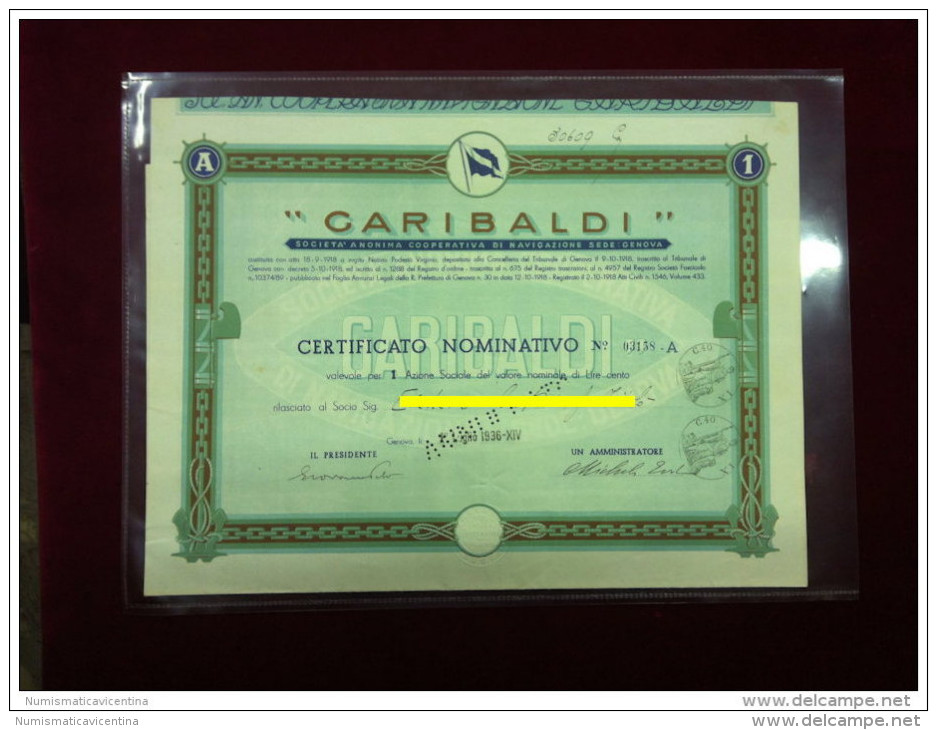 Azioni Genova Soc.  GARIBALDI Navigazioni  1936 Certificato Da Una Azione - Navigazione