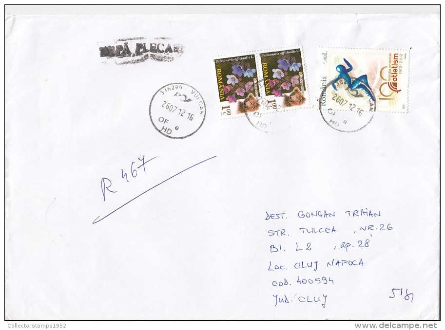 3028FM- FLOWERS, BEAR, ATHLETICS, STAMPS ON REGISTERED COVER, 2012, ROMANIA - Brieven En Documenten