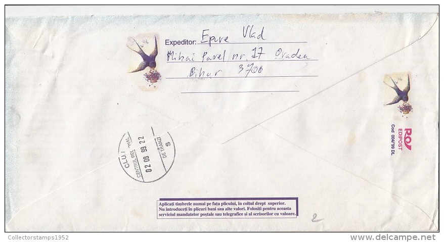 3036FM- SWALLOW, BIRDS, VIOLETS AND SNOWDROP FLOWERS, COVER STATIONERY, 1999, ROMANIA - Golondrinas