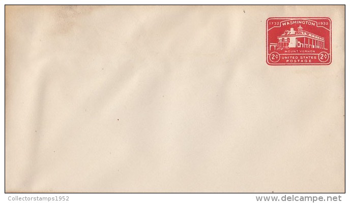 31478- MOUNT VERNON MANSION, EMBOSSED COVER STATIONERY, UNUSED, 1932, USA - 1921-40