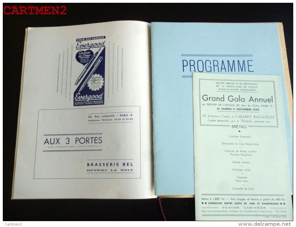 PROGRAMME GALA DE LA POLICE PARIS 8eme ARRONDISSEMENT THEATRE APOLLO 1950 MENU PUBLICITE RECLAME PLAQUETTE ILLUSTRATEUR - Police & Gendarmerie