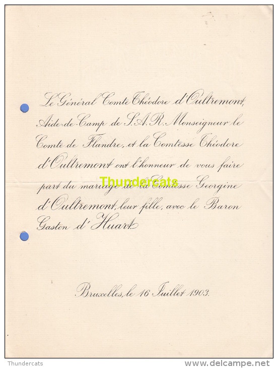 FAIRE PART MARIAGE COMTE D'OUTREMONT BARON D'HUART BRUXELLES 1903 - Mariage