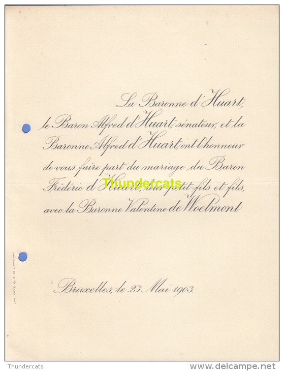 FAIRE PART MARIAGE BARONNE D'HUART DE WOELMONT BRUXELLES 1903 - Mariage