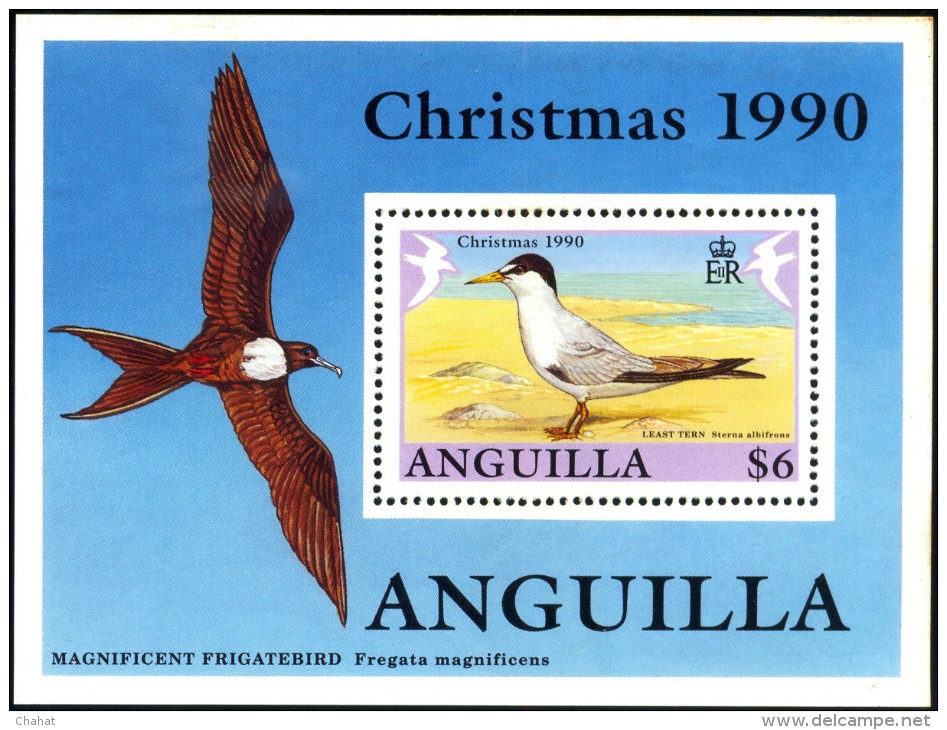 BIRDS-MARINE LIFE-LEAST TERN-MAGNIFICIENT FRIGATEBIRD-MS-ANGUILLA-1990-MNH-M-02 - Albatrosse & Sturmvögel