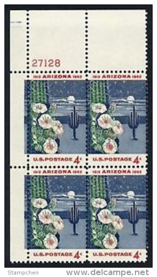 Plate Block -1962 USA Arizona Statehood Stamp Sc#1192 Saquaro Cactus Flower Moon Star - Cactusses