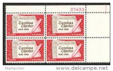 Plate Block -1963 USA Carolina Charter Stamp Sc#1230 Book Guill Pen Calligraphy - Other & Unclassified