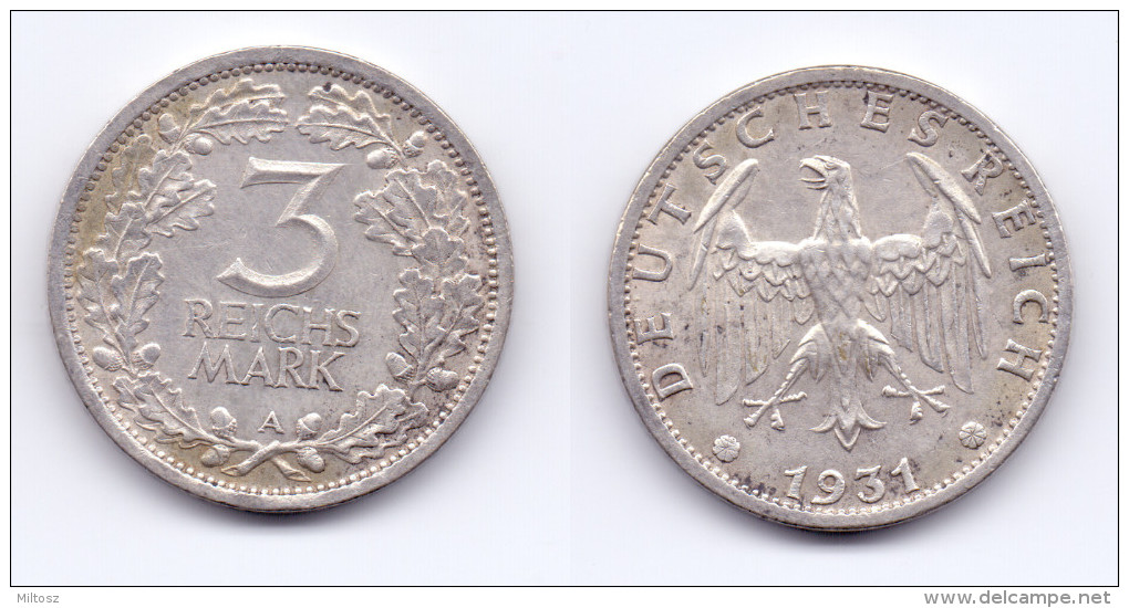 Germany 3 Reichsmark 1931 A - 3 Mark & 3 Reichsmark