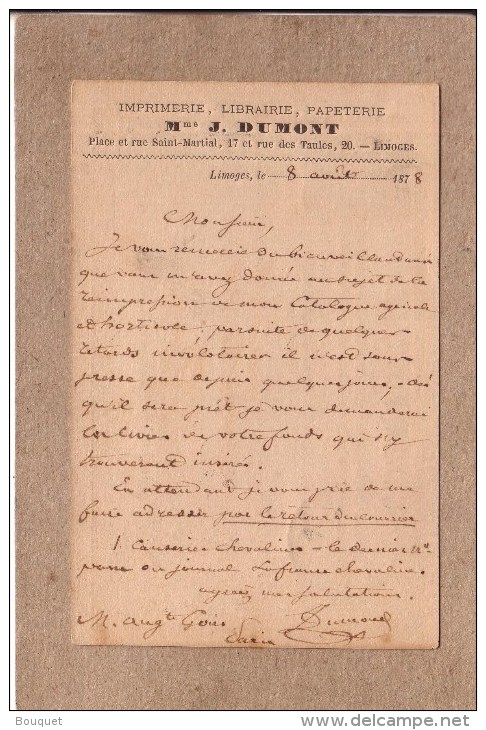 HAUTE VIENNE - LIMOGES - CARTE PRECURSEUR AVEC REPIQUAGE " M. J. DUMONT " - IMPRIMERIE , LIBRAIRIE , PAPETERIE - 1878 - 1877-1920: Période Semi Moderne