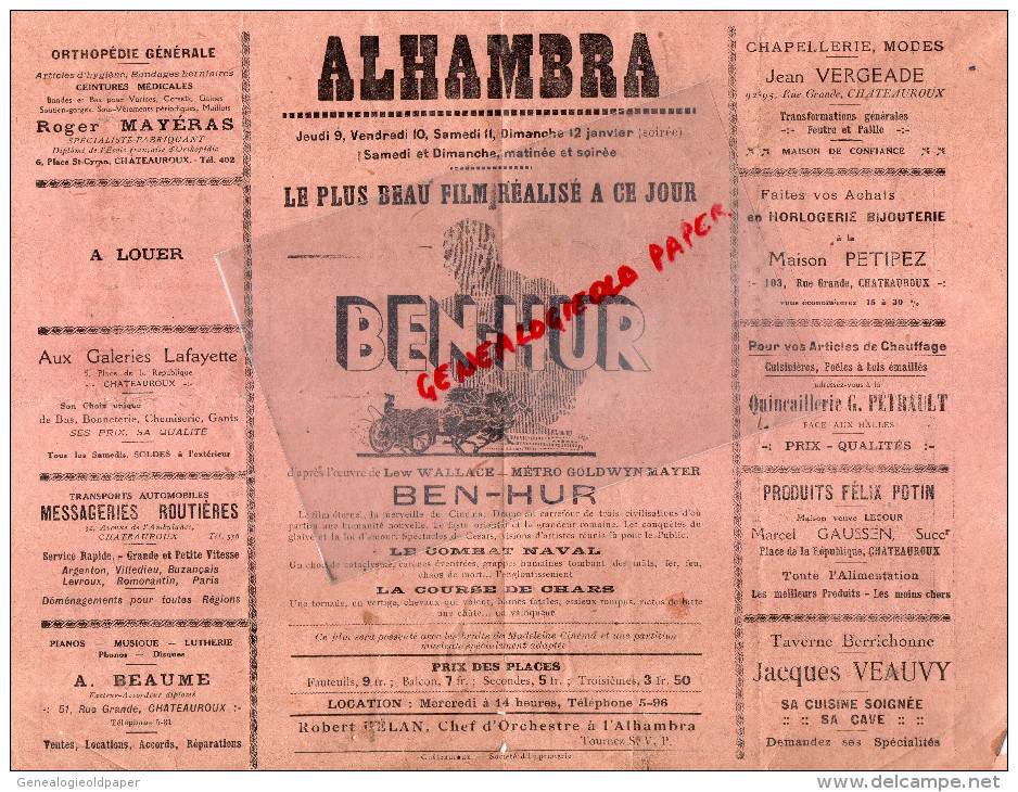 36 - CHATEAUROUX - PROGRAMME CINEMA ALHAMBRA- JANVIER 1930- BEN-HUR- RAMON NOVARRO-AVOY- - Programmes