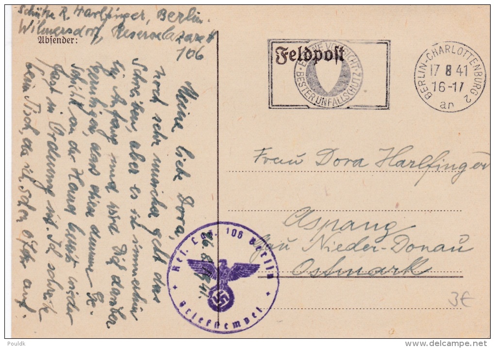 Feldpost WW2: Reserve Lazarett 106 Berlin P/m Berlin-Charlottenburg 17.8.1941  (G73-60) - Militaria