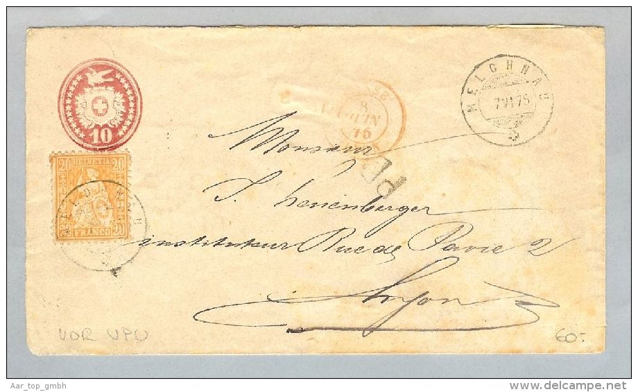 Heimat BE Melchnau 1875-06-07 Tüblibrief+20Rp.>Lyon France - Storia Postale