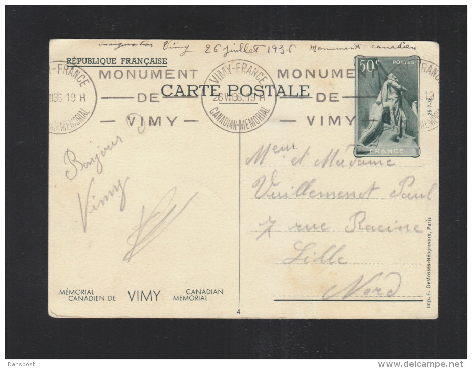 Carte Postale Monument De Vimy 1936 - Cartoline Postali E Su Commissione Privata TSC (ante 1995)