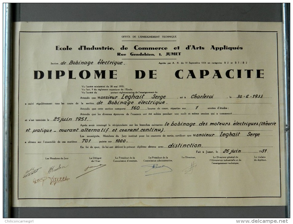 Jumet - Diplôme De Capacité - Bobinage électrique - École D'Industrie, De Commerce Et D'Arts Appliqués - 1951 - Diploma's En Schoolrapporten