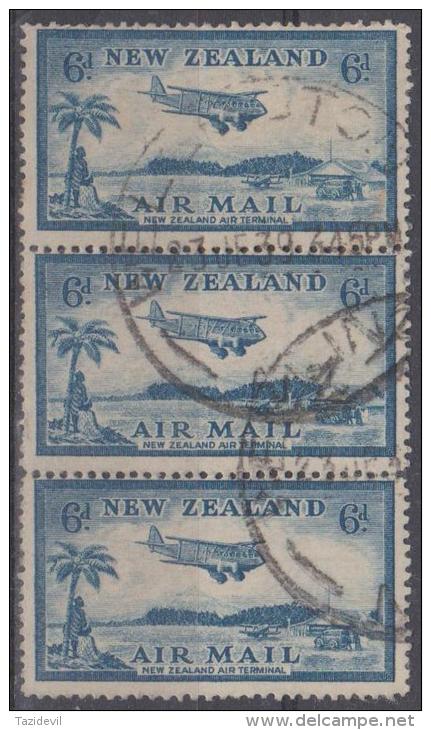 NEW ZEALAND -  1935 6d Airmail Strip Of Three. Scott C5. Nice Commercially Used - Luftpost