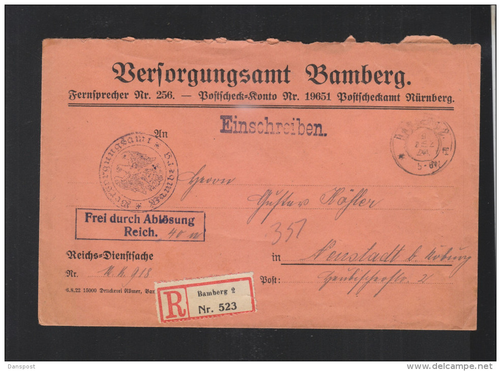 Versorgungamt Bamberg R-Brief 1924 - Covers & Documents