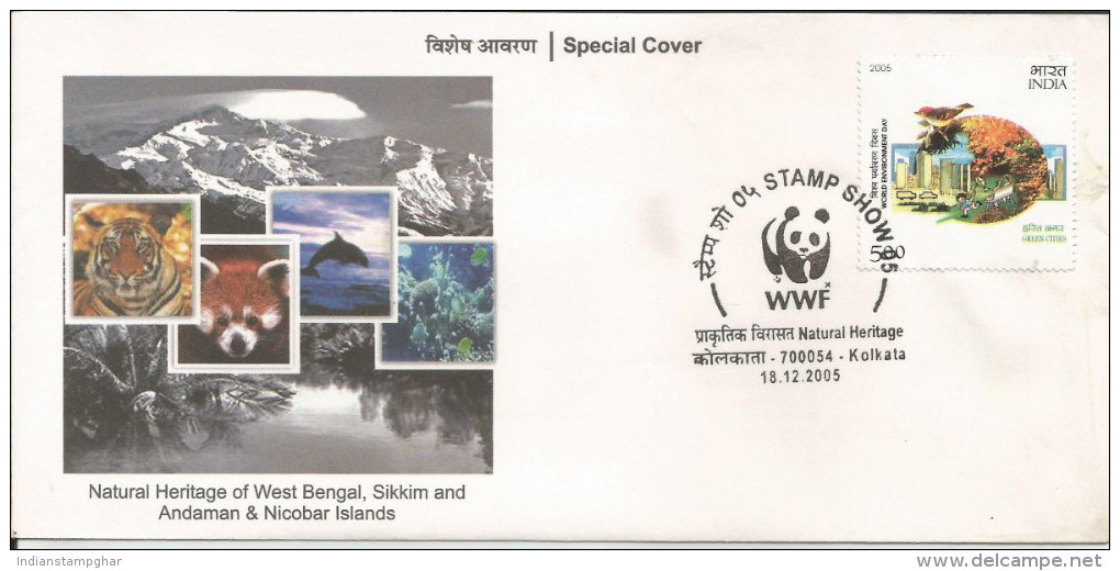 India 2005 - WWF Natural Heritage  Special Cover - Royal Bengal Tiger, Red Panda, Dolphin,Coral,Mt.Everest, - AS SCAN - Lettres & Documents