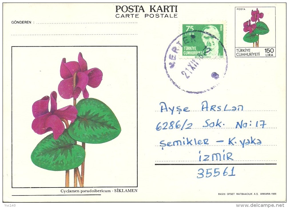 Turkey; 1988 Postal Stationery With The Subject Of Flowers (Cyclamen) - Entiers Postaux