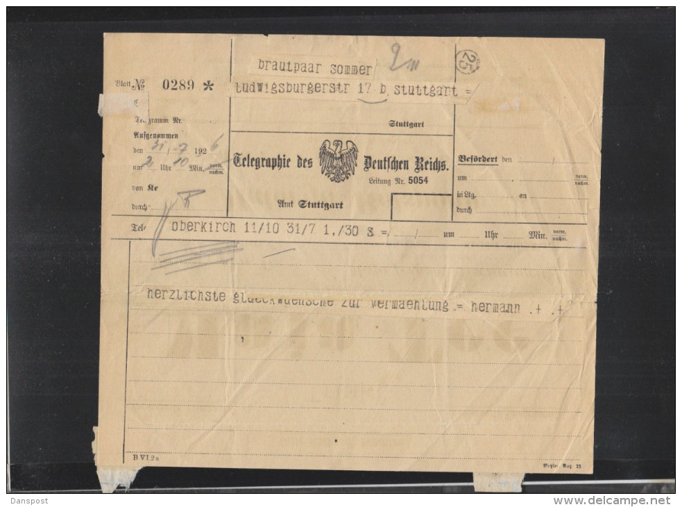 Dt. Reich Telegramm 1926 Amt Stuttgart Werbung Maja Tee - Briefe U. Dokumente