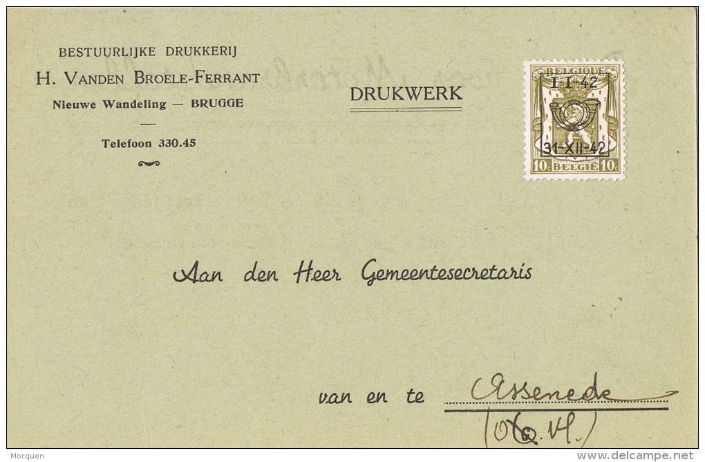 15583. Tarjeta Privada Preobliterado  BRUGGE (Belgien) 1942. Roulotte. Druckwerk Motor - Typos 1929-37 (Heraldischer Löwe)