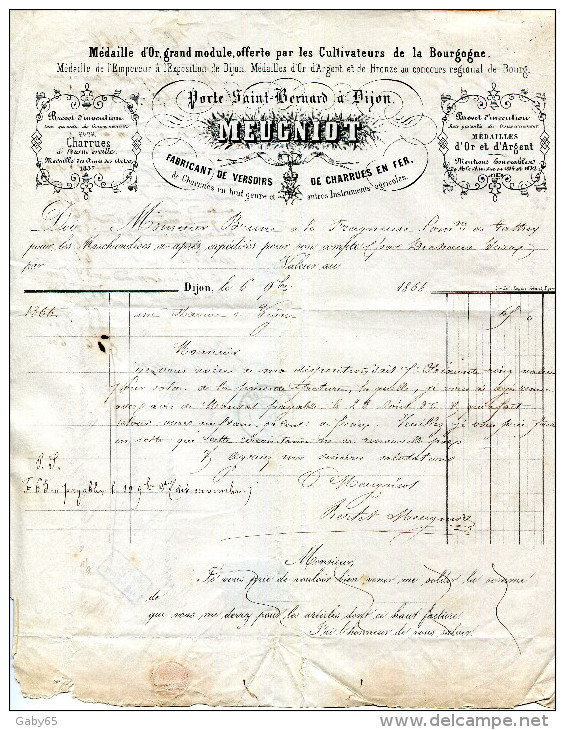 21.DIJON.INSTRUMENTS AGRICOLES.FABRICANT DE VERSOIRS DE CHARRUES EN FER.MEUGNIOT,PORTE SAINT BERNARD. - 1800 – 1899