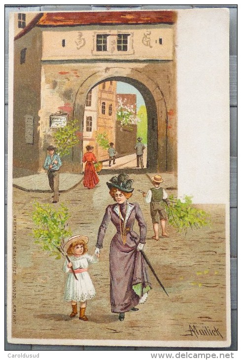 CPA Precurseur Litho Illustrateur MAILICK ERIKA 1070 Femme Enfant Rue PFINGSTEN  Bouleau Voyage 1902 Verviers Spa - Mailick, Alfred