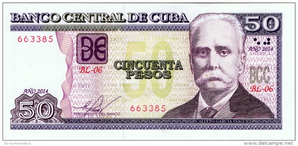 2014 -- 50  PESOS BANCO CENTRAL- CALIXTO GARCIA -  BCC -- UNCIRCULATED .! - Cuba