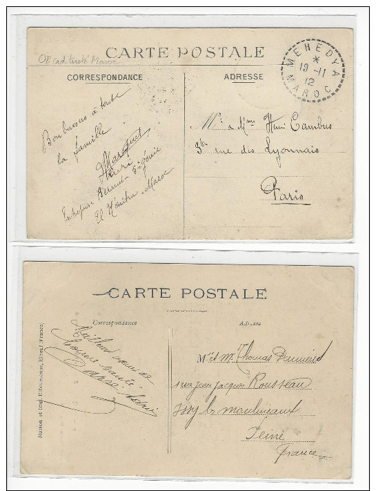 2 CARTES CACHET Perlé MEHEDYA ET MEQUINEZ MAROC SUR CP CASABLANCA ET MEQUINEZ /FREE SHIPPING REGISTERED - Storia Postale