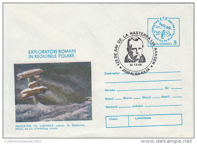 31611- FRIDJOF NANSEN, EXPLORER, SPECIAL POSTMARK, MIRNY ANTARCTIC STATION, COVER STATIONERY, 1986, ROMANIA - Explorateurs & Célébrités Polaires