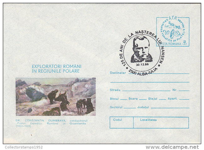 31612- FRIDJOF NANSEN, EXPLORER, SPECIAL POSTMARK, C-TIN DUMBRAVA, SLED DOGS, COVER STATIONERY, 1986, ROMANIA - Esploratori E Celebrità Polari