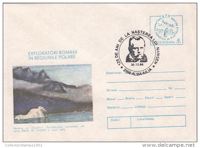 31613- FRIDJOF NANSEN, EXPLORER, SPECIAL POSTMARK, SPITZBERGEN ISLAND, COVER STATIONERY, 1986, ROMANIA - Explorateurs & Célébrités Polaires