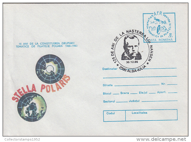 31614- FRIDJOF NANSEN, EXPLORER, SPECIAL POSTMARK, NORTH AND SOUTH POLES COVER STATIONERY, 1986, ROMANIA - Esploratori E Celebrità Polari