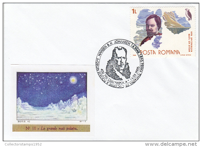 31616- F.F NANSEN AND H. JOHANSEN FIRST NORTH POLE EXPEDITION, POLAR NIGHT, SPECIAL COVER, 2005, ROMANIA - Arctic Expeditions