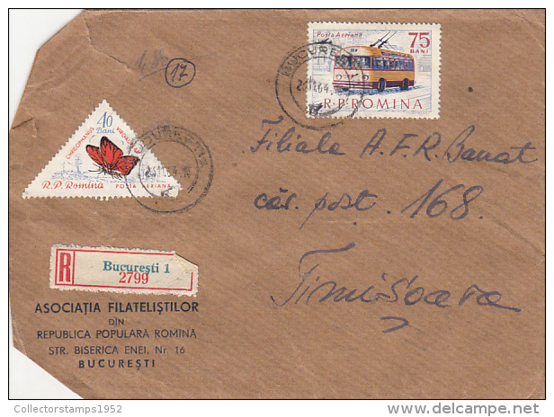 31678- BUSS, TROLLEY BUSS, BUTTERFLY, FISH, SILK MOTH, PLANE, SWIMMING, CATERPILLAR, STAMP ON REGISTERED COVER, 1964, RO - Bus