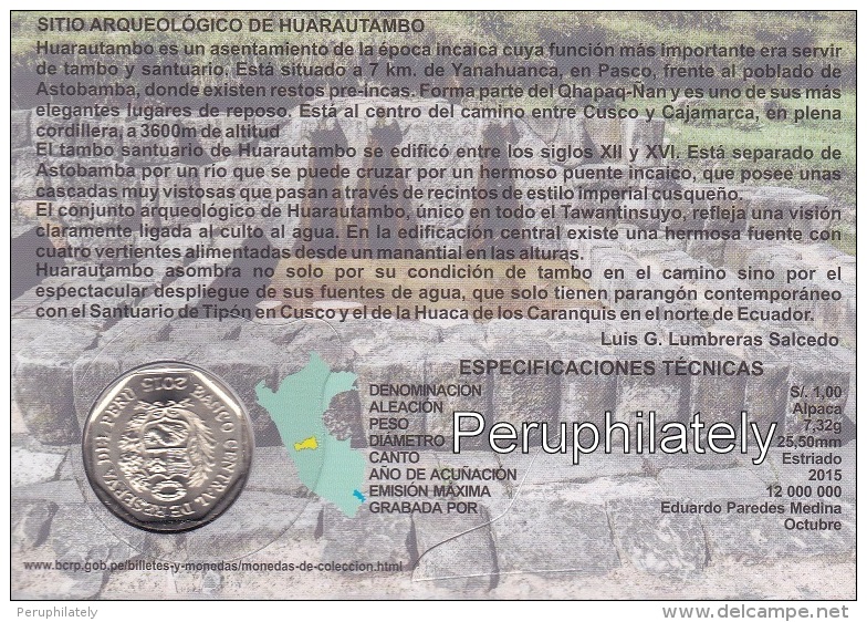 PERU 2015 , HUARAUTAMBO , 1 NUEVO SOL , COIN ON CARD , MINT - Pérou