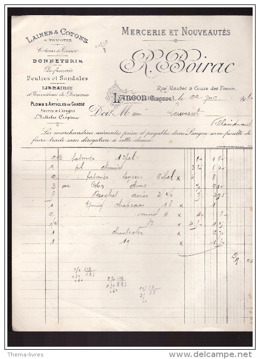 Facture BOIRAC ( Mercerie, LANGON, Gironde)  1911 (PPP1489) - Textile & Clothing