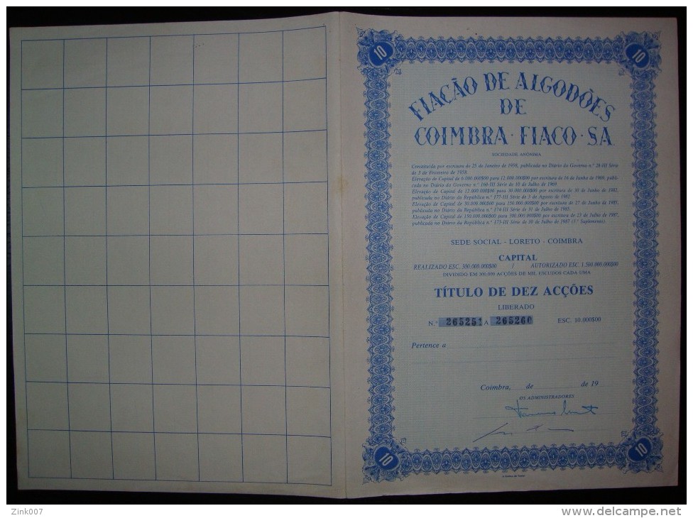 FIAÇÃO DE ALGODÕES DE COIMBRA - FIACO - Ten Share 1987. Cotton Spinning Company. Titulo De Acção. - Textile