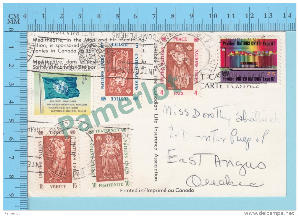 Expo67 Expo 67 (Meditheatre + 6 Timbres Des Nations Unis Livré à East Angus Quebec 1967  ) 2 Scans - 1967 – Montréal (Canada)