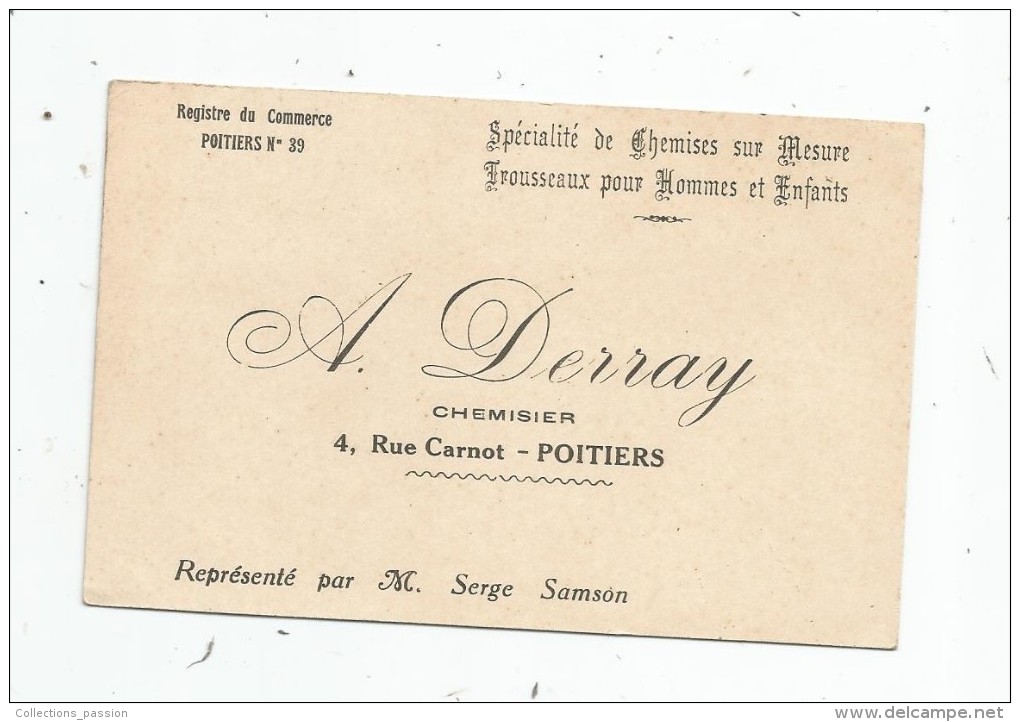 Carte De Visite , A. DERRAY , Chemisier , 4 Rue Carnot , POITIERS , Chemises , Trousseaux - Visiting Cards