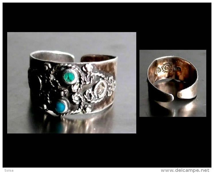 - Ancienne Bague Anneau Mexicain Des Années 40 (réglable) / Old Mexican Silver And Turquoise Ring - Bagues