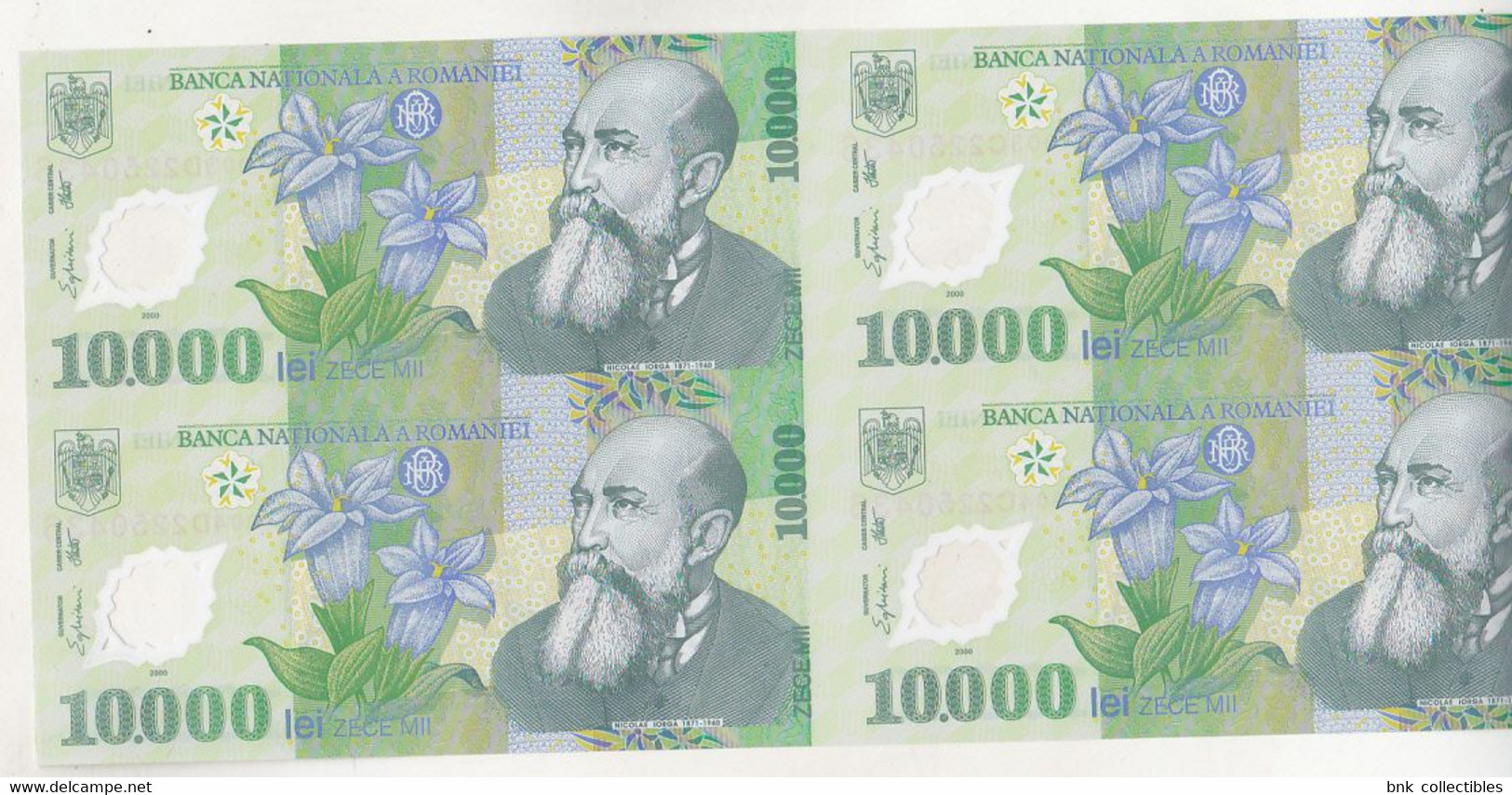 Bnk Sc Romania 10000 Lei 2000  Uncut Sheet Of 4 Banknotes, Certificate Of Autenticity , Ghizari Signature - Roumanie