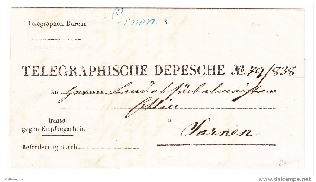 Heimat OW Sarnen Schriftstempel Blau Auf Telegraphische Depeche Vom 30.03.1857 - Marcophilie