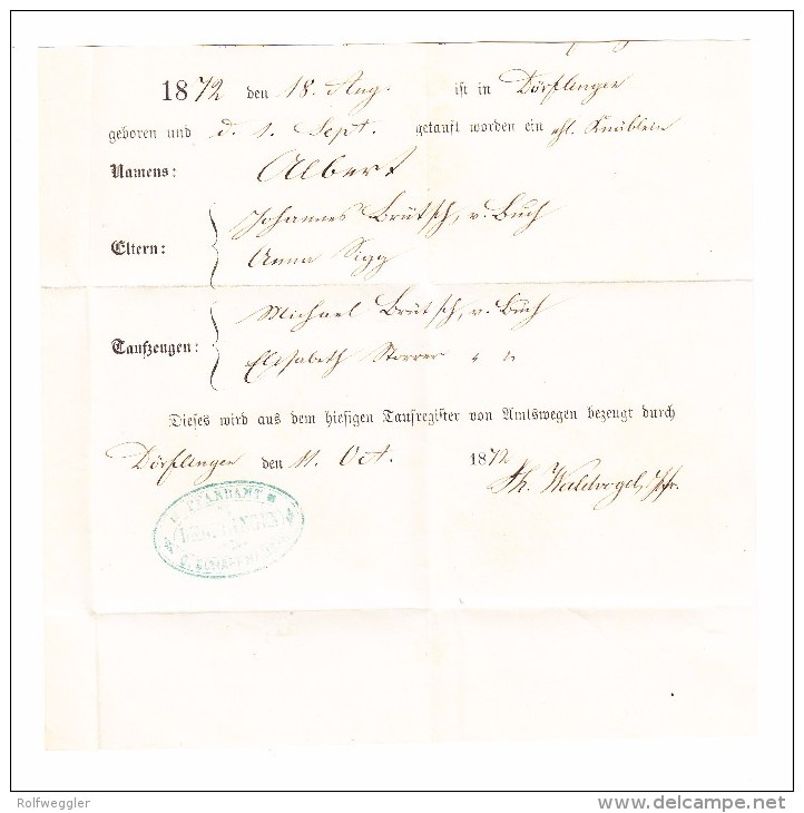Heimat SH Dorflingen Balkenstempel Auf Brief Nach Buch Mit Transitst. Stein Und Diessenhofen 11.10.1872 - Briefe U. Dokumente